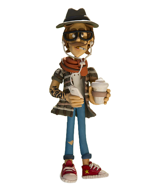 Tinto, the Tinto 360 mascot, standing in a shopping mall and holding a coffee cup